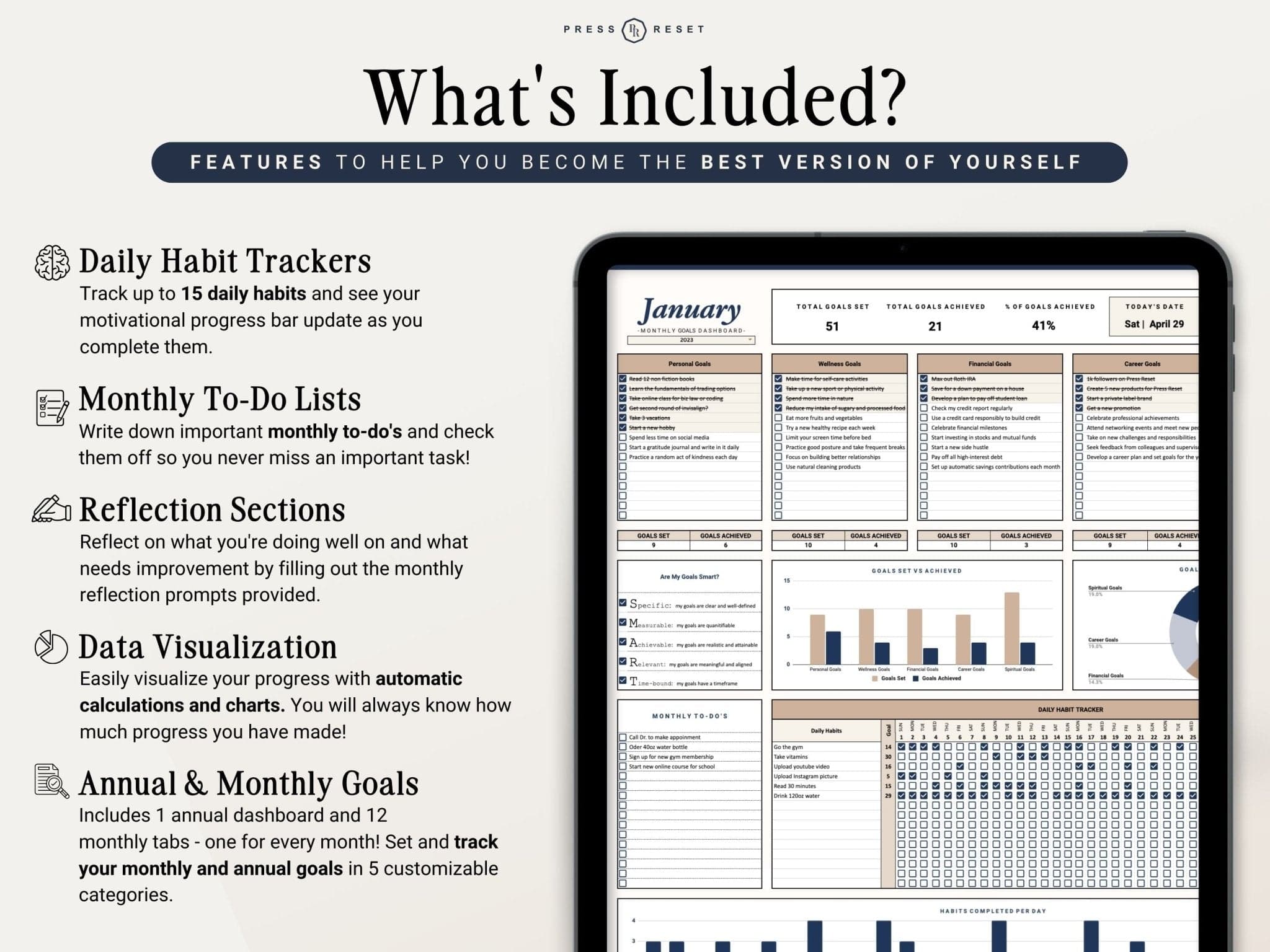 Goal and Habit tracker total features, budget spread sheet, original, color 1