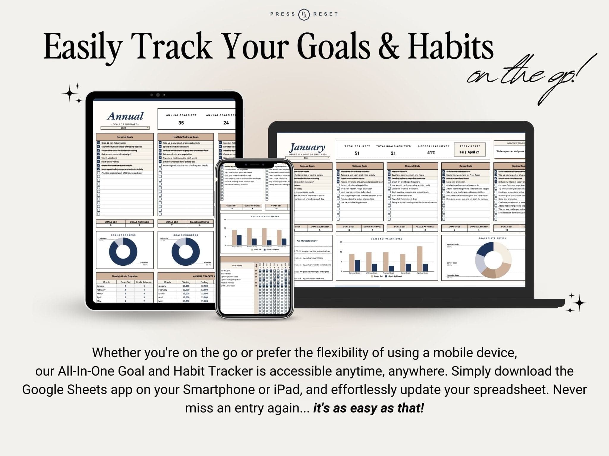 Goal and habit tracker Spread Sheet, Different Devices, original, color 1